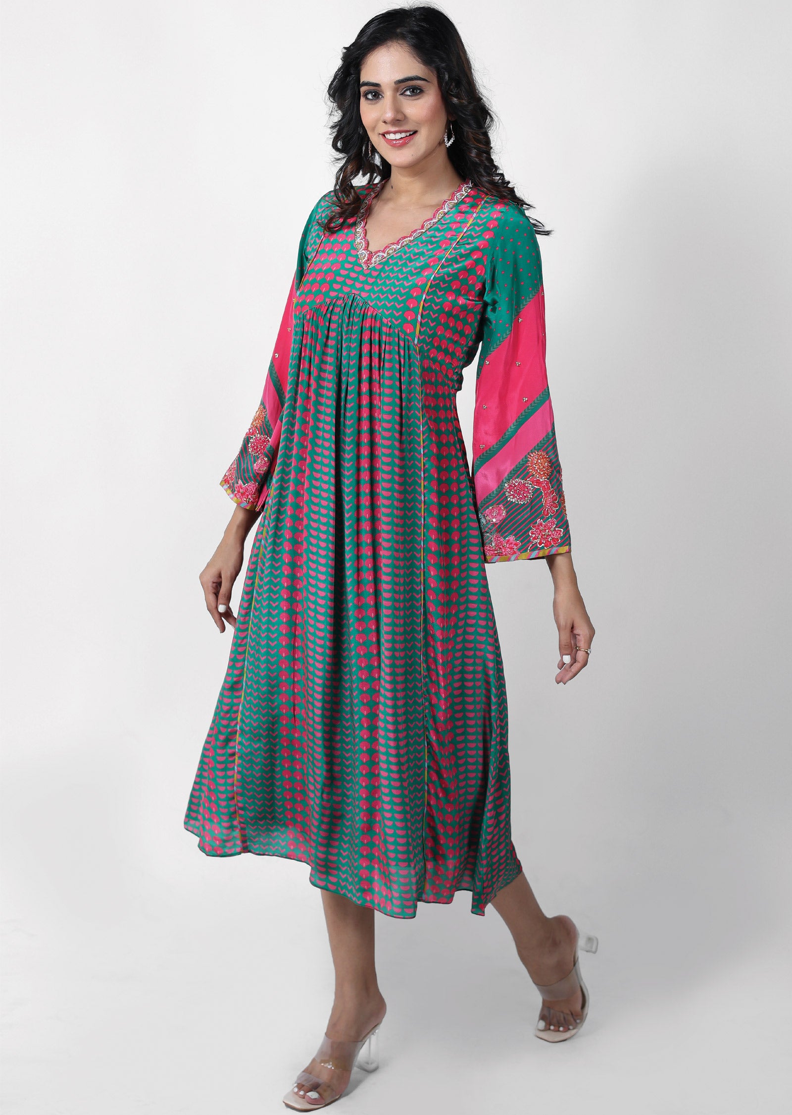 Green & Pink Crepe Kurti Frock Style