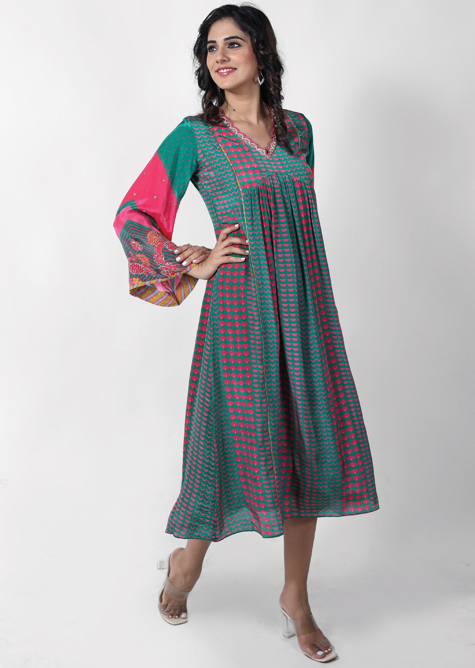 Green & Pink Crepe Kurti Frock Style