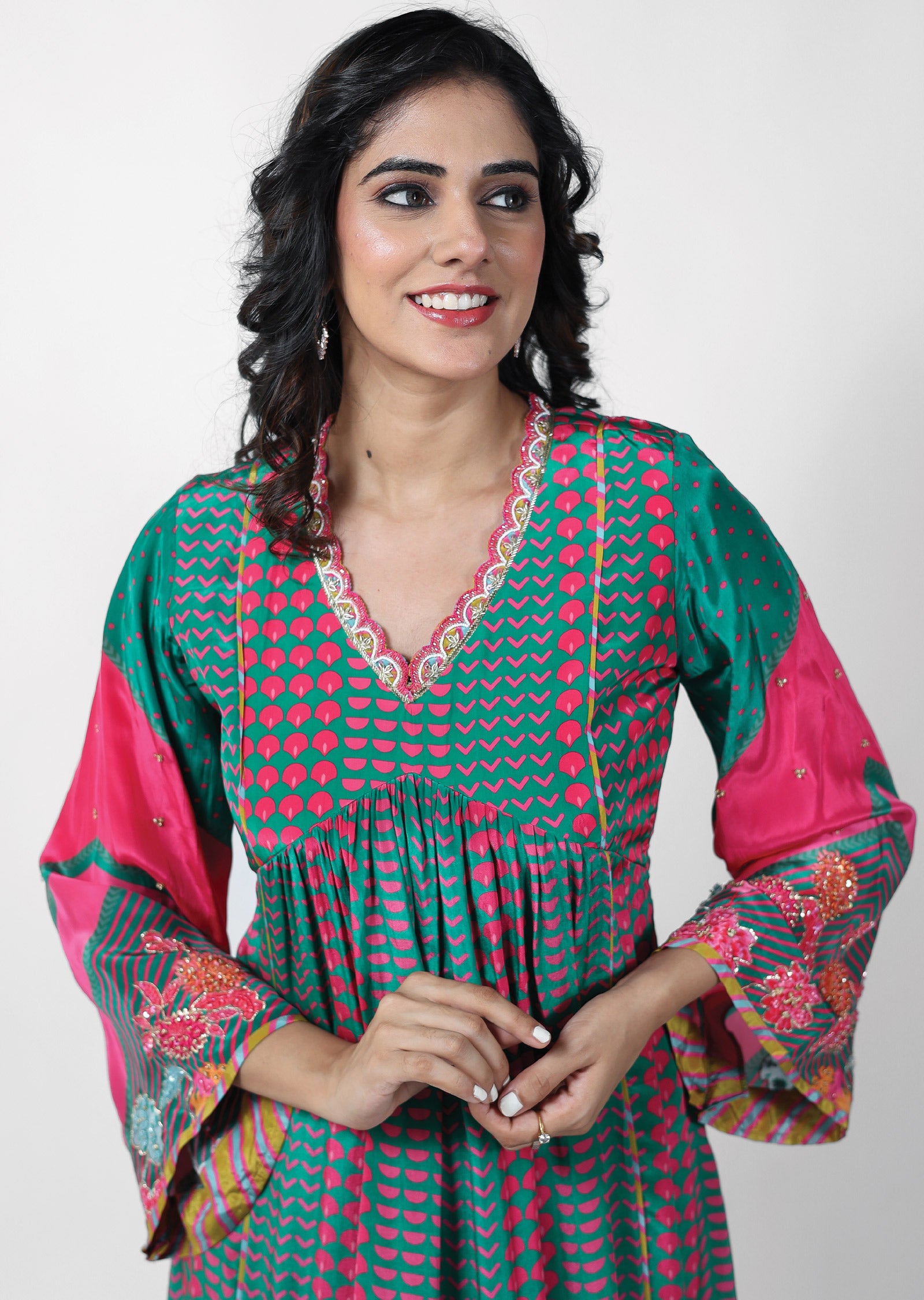 Green & Pink Crepe Kurti Frock Style