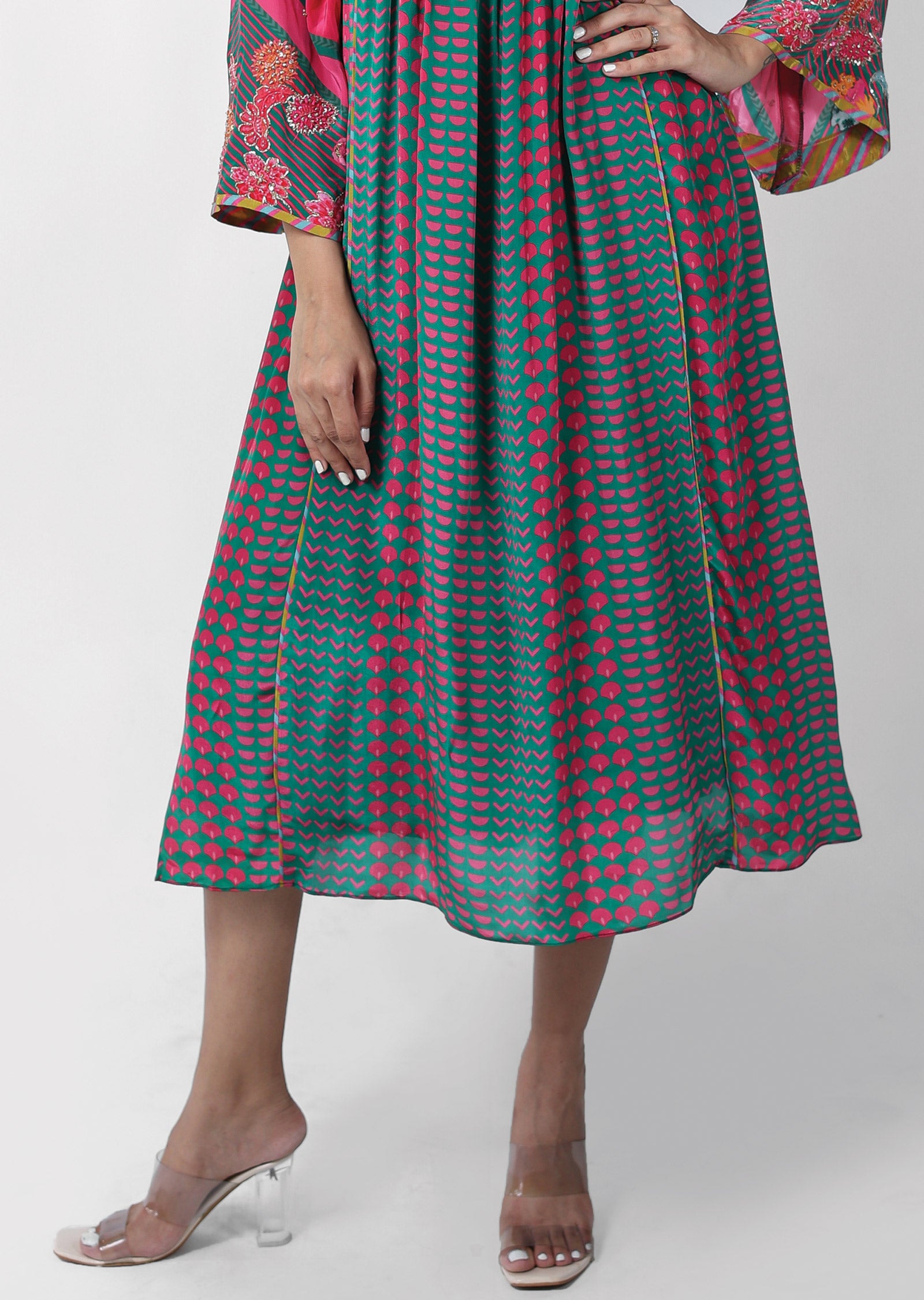 Green & Pink Crepe Kurti Frock Style