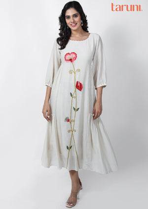 Beige Linen Georgette Frock Style Kurti