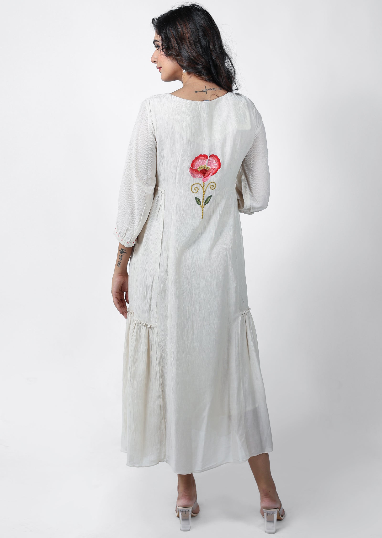 Beige Linen Georgette Frock Style Kurti