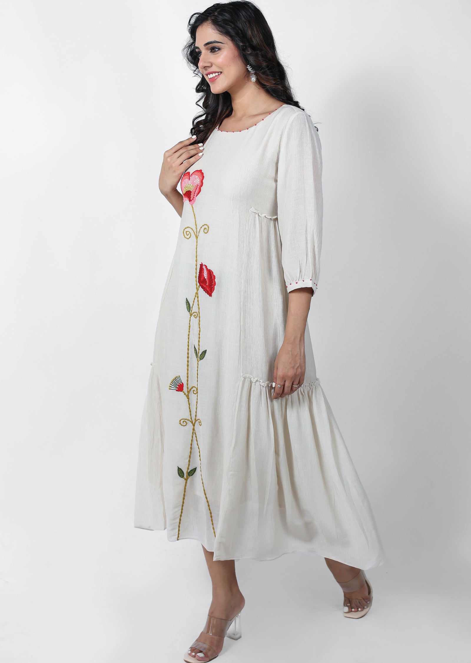 Beige Linen Georgette Frock Style Kurti