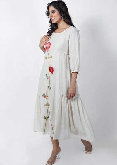 Beige Linen Georgette Frock Style Kurti