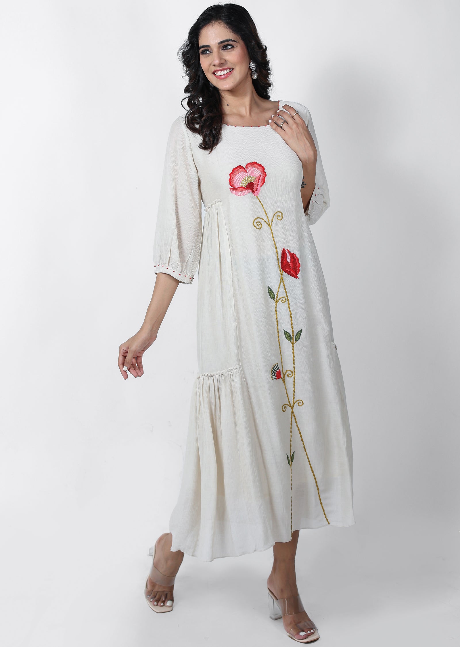 Beige Linen Georgette Frock Style Kurti