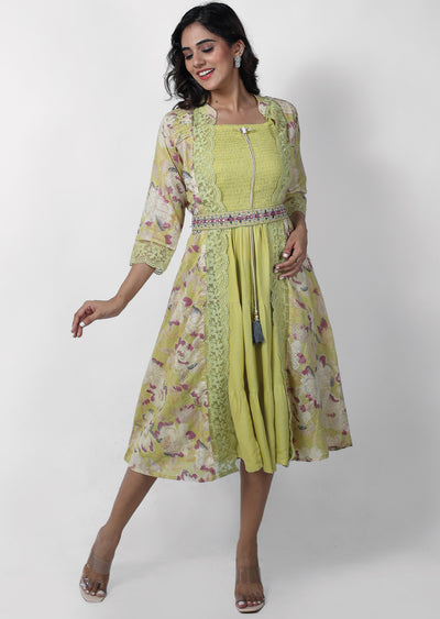 Dusty Green Cotton Printed Frock Style Kurti