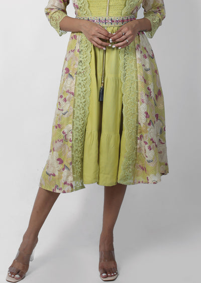 Dusty Green Cotton Printed Frock Style Kurti