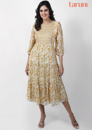 Mustard Georgette Embroidered Frock Style Kurti