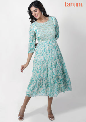 Sea Green Georgette Printed Frock Style Kurti