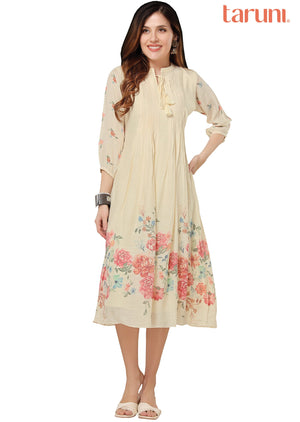 Light Beige Linen Georgette Kurti Frock Style