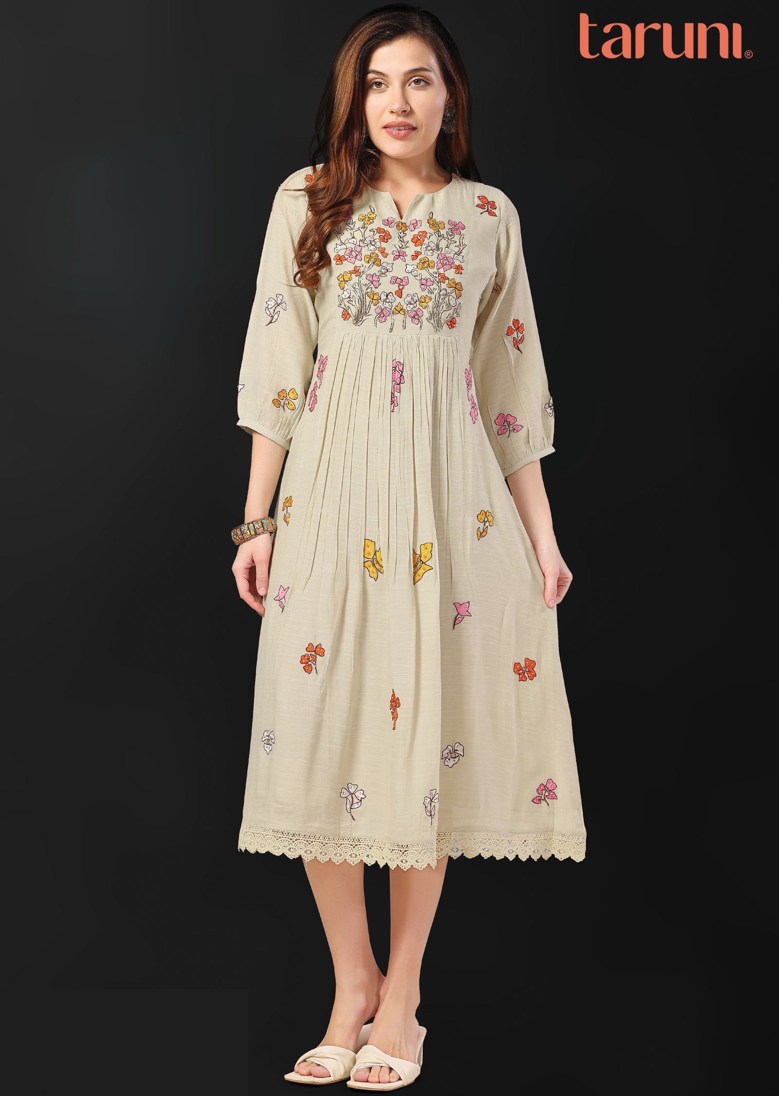 Beige Linen Georgette Kurti Frock Style