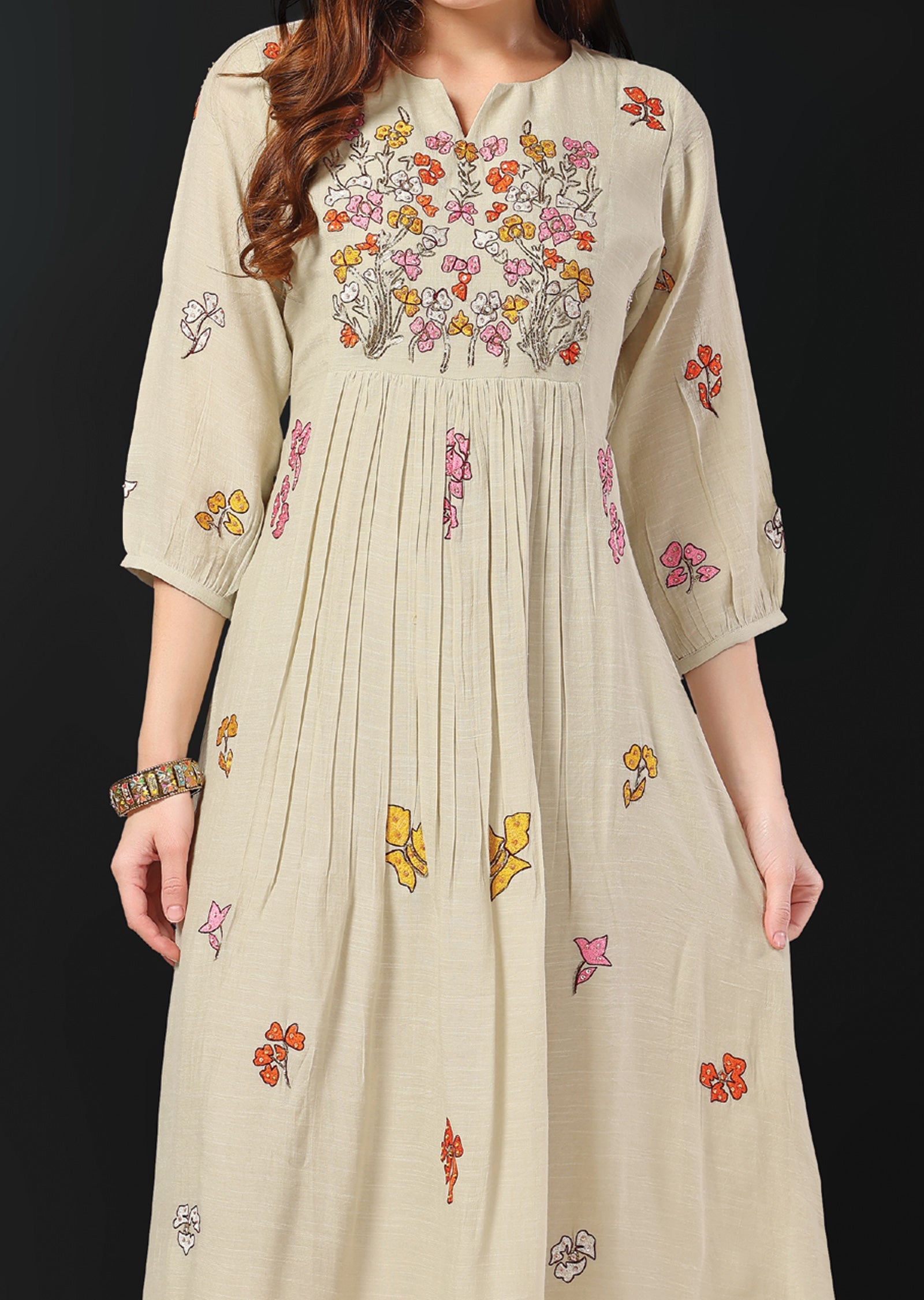 Beige Linen Georgette Kurti Frock Style