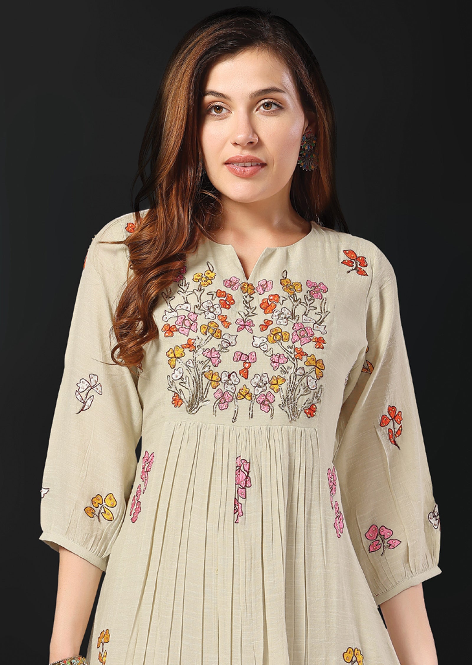 Beige Linen Georgette Kurti Frock Style