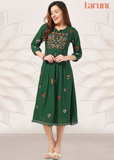 Dark Green Linen Georgette Midi Dress Dark Green Linen Georgette Midi Dress