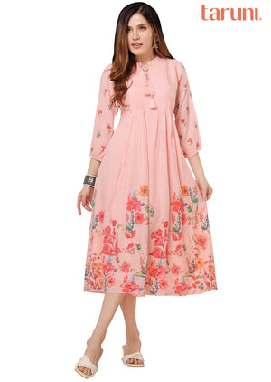 Baby Pink Linen Georgette Kurti Frock Style