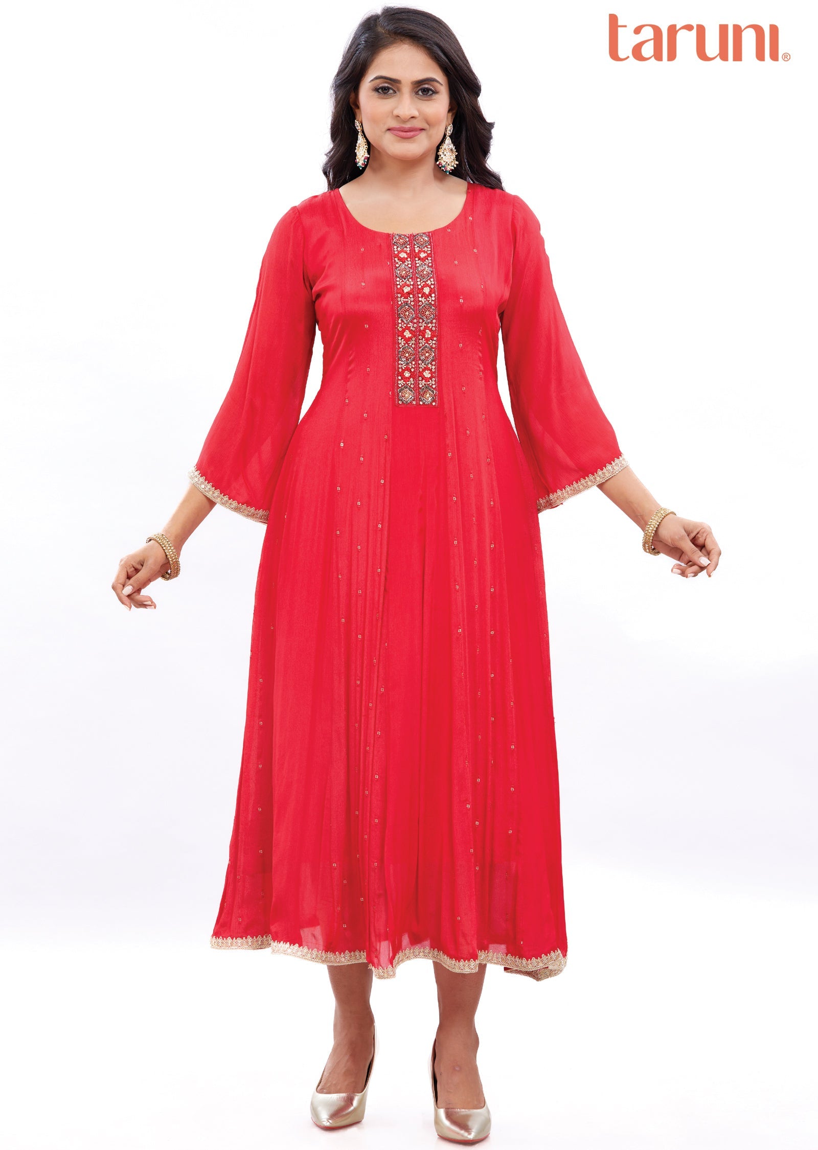 Red Chinnon Frock Style Kurti with Beads and Stone Work