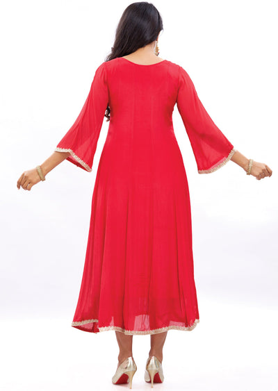 Red Chinnon Frock Style Kurti with Beads and Stone Work