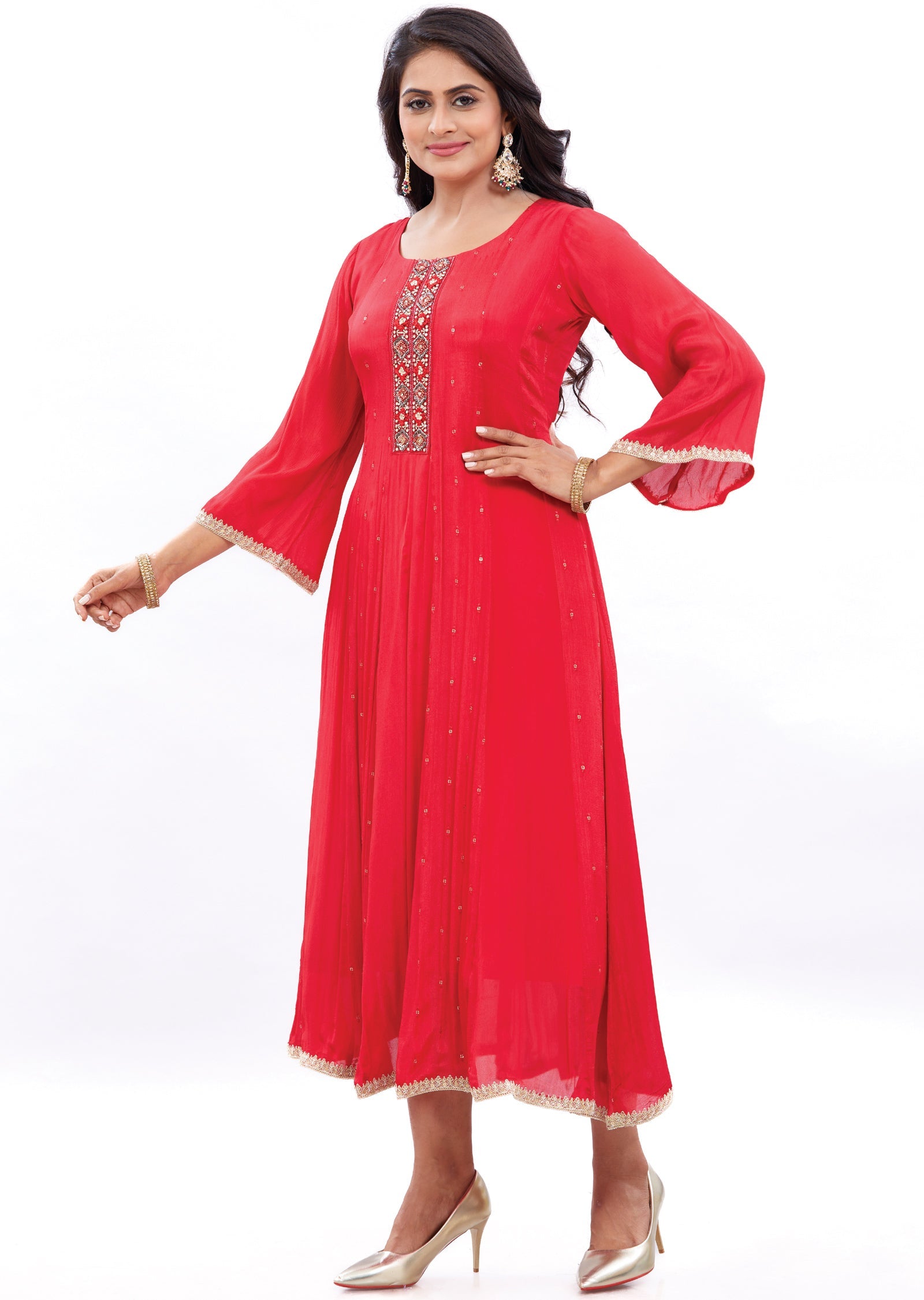 Red Chinnon Frock Style Kurti with Beads and Stone Work