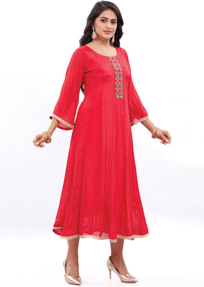 Red Chinnon Frock Style Kurti with Beads and Stone Work