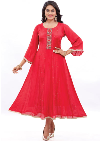 Red Chinnon Frock Style Kurti with Beads and Stone Work