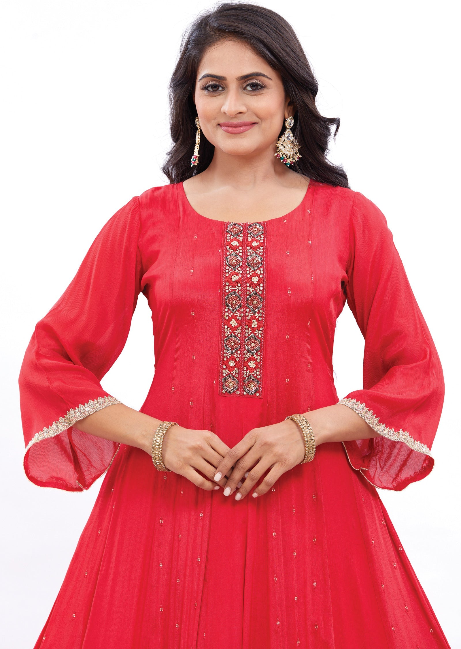 Red Chinnon Frock Style Kurti with Beads and Stone Work