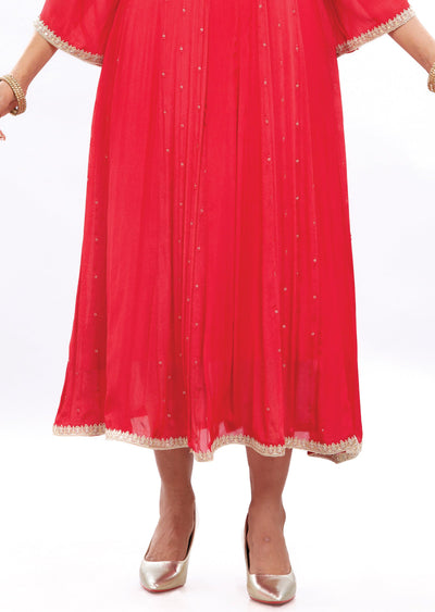 Red Chinnon Frock Style Kurti with Beads and Stone Work