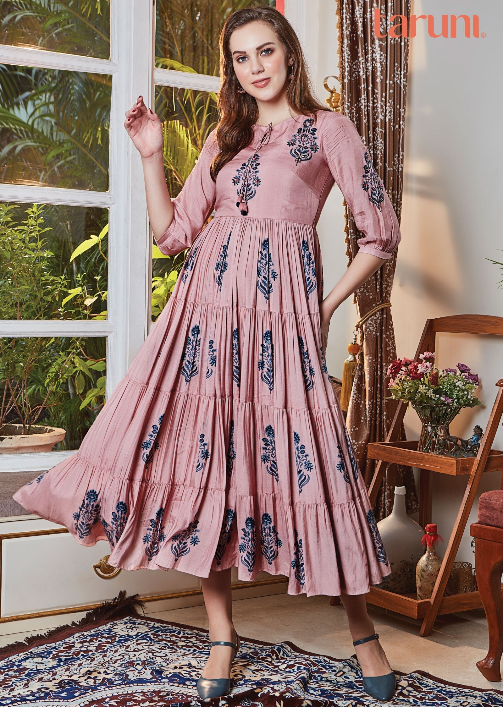 Dusty Pink Frock Style Kurti with Zardosi and Sequence Work