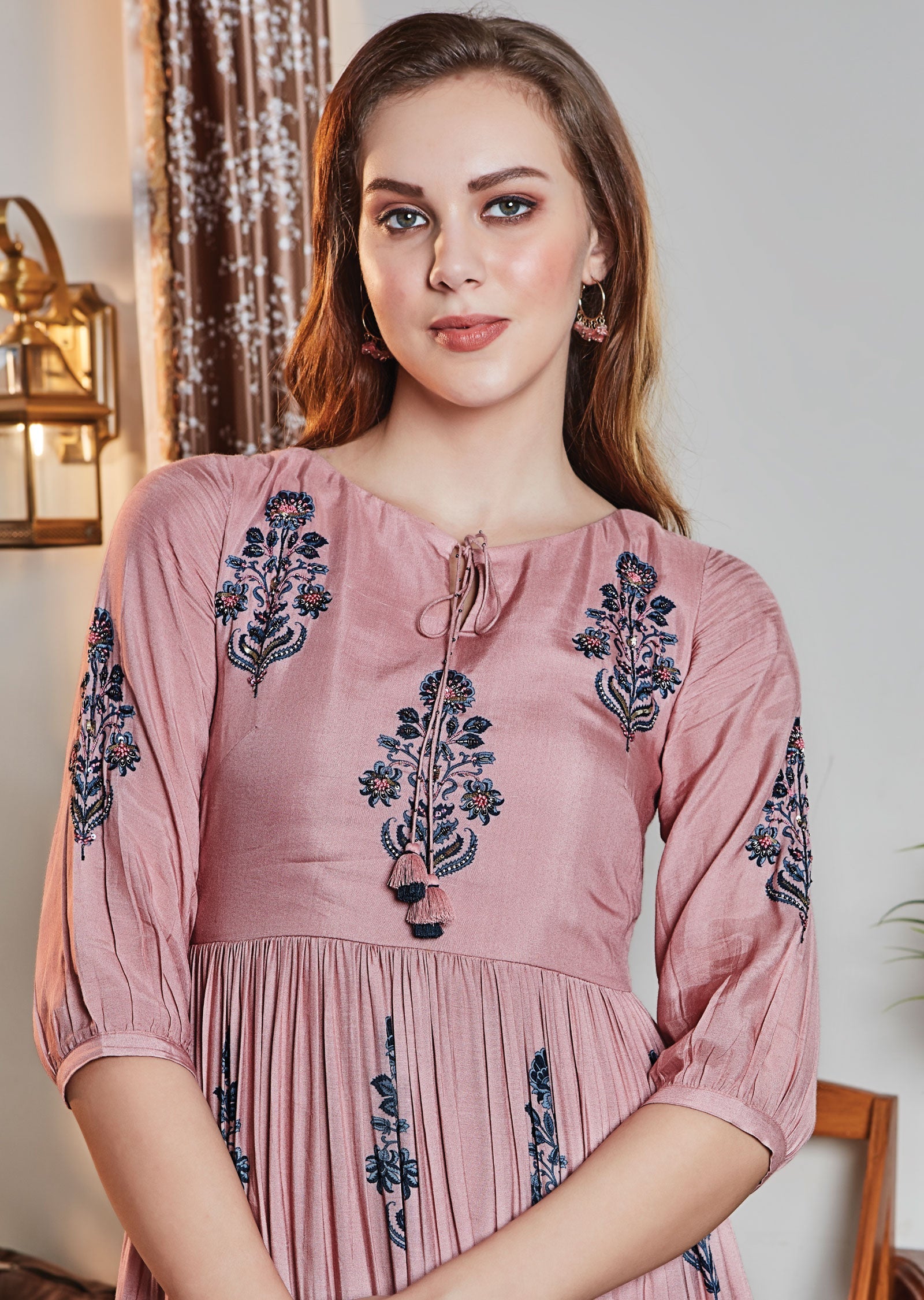 Dusty Pink Frock Style Kurti with Zardosi and Sequence Work