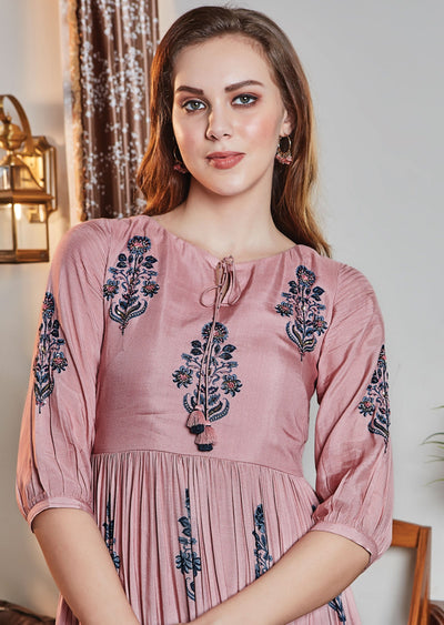 Dusty Pink Frock Style Kurti with Zardosi and Sequence Work