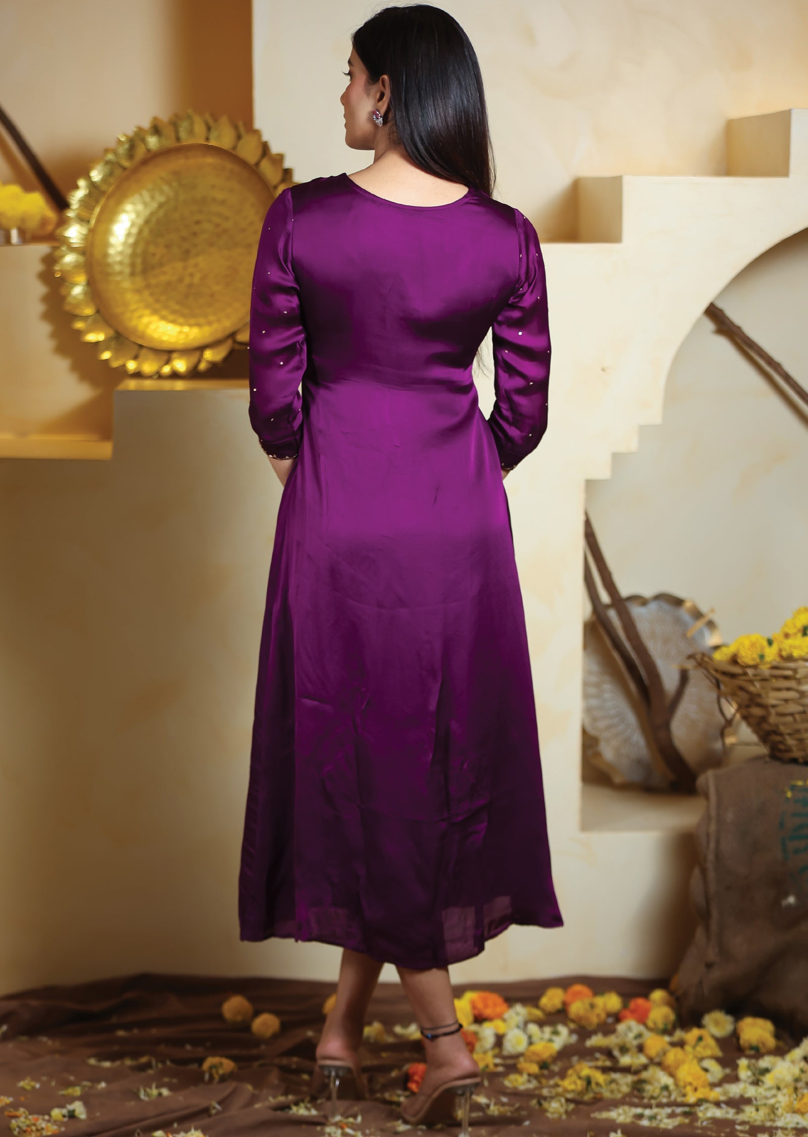 Purple Linen Satin Kurti Frock Style