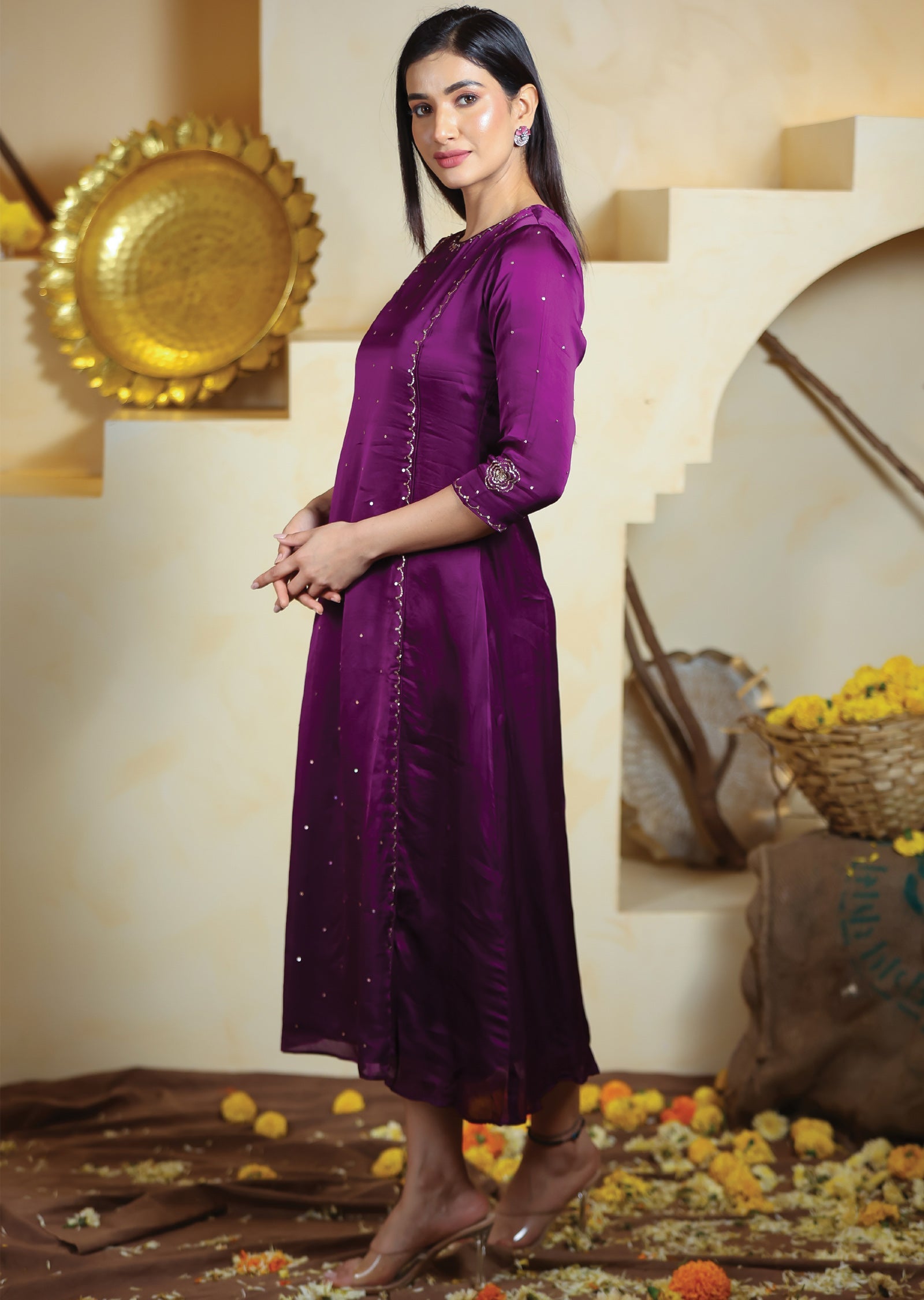 Purple Linen Satin Kurti Frock Style