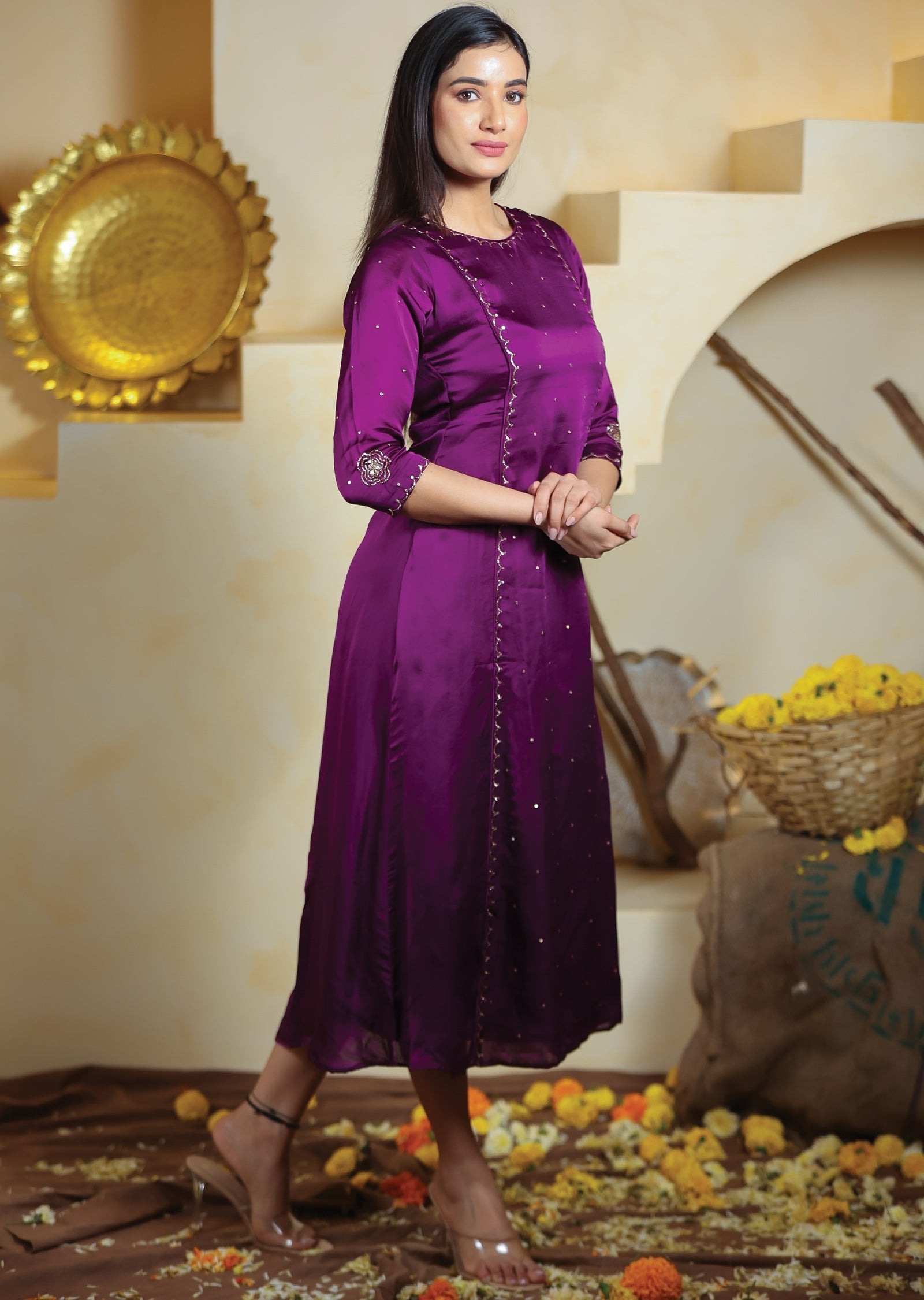 Purple Linen Satin Kurti Frock Style