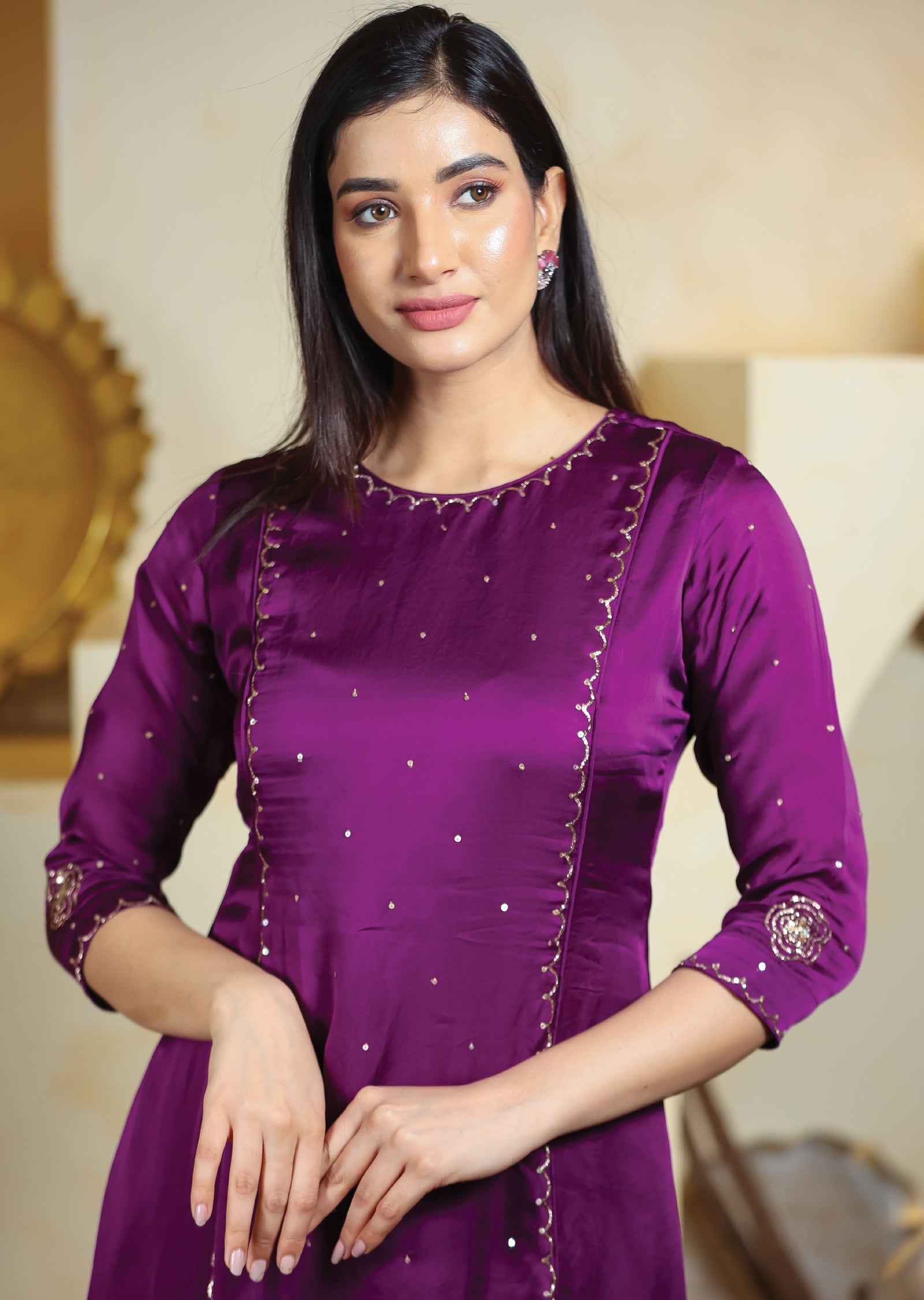 Purple Linen Satin Kurti Frock Style