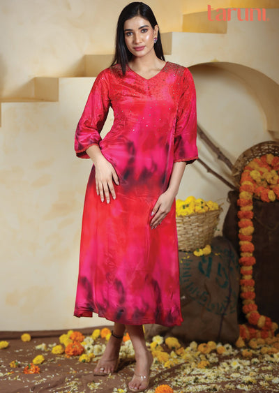 Red & Pink Crepe Kurti Frock Style