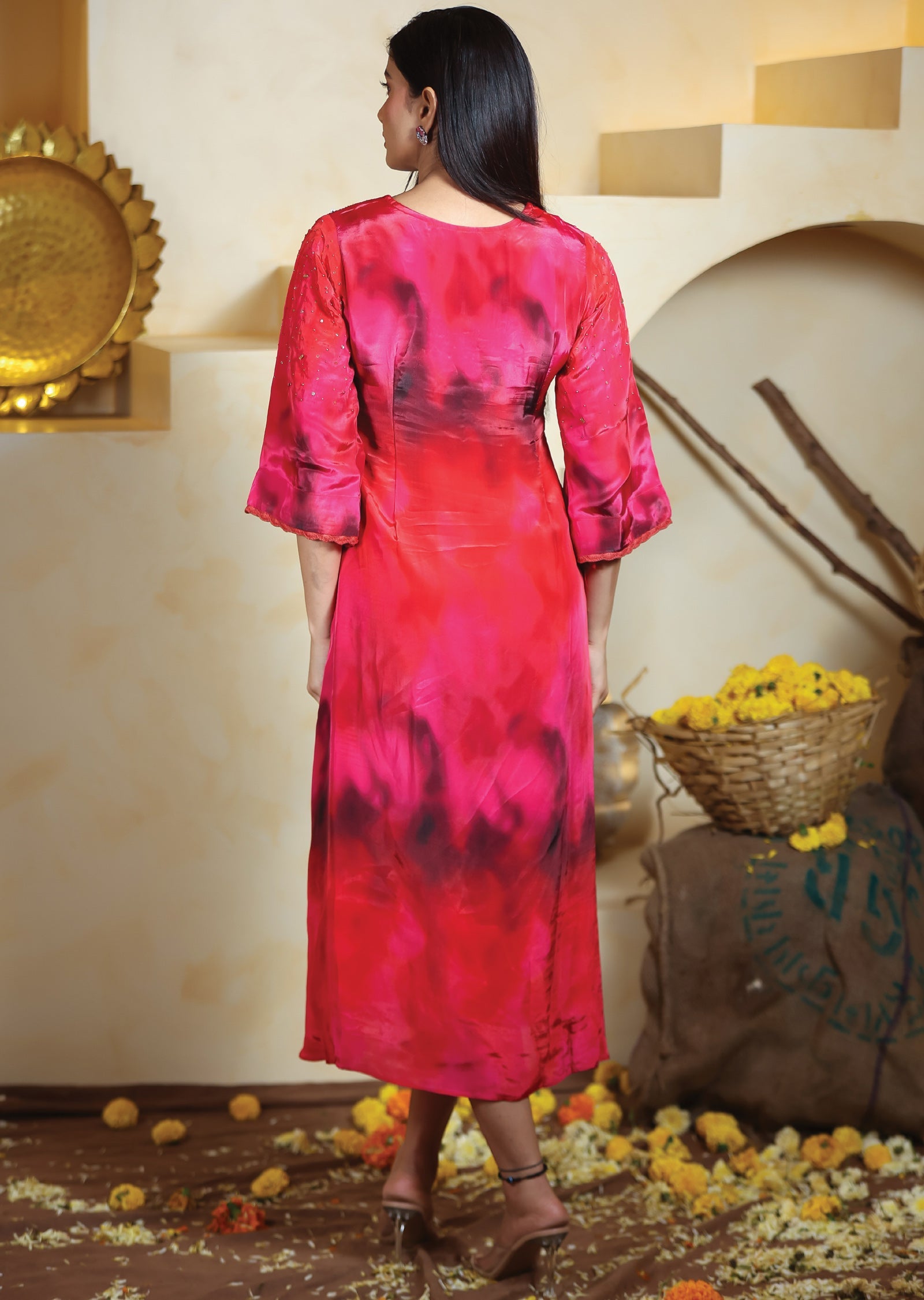 Red & Pink Crepe Kurti Frock Style