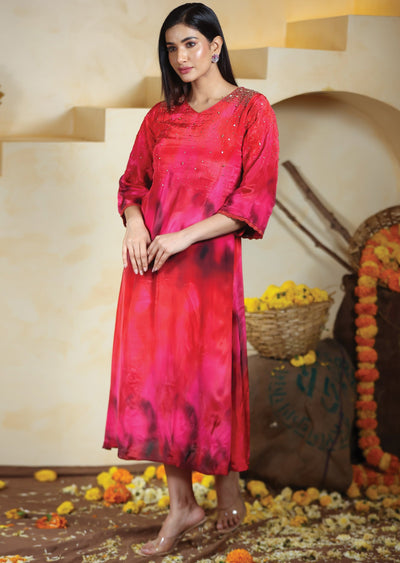 Red & Pink Crepe Kurti Frock Style