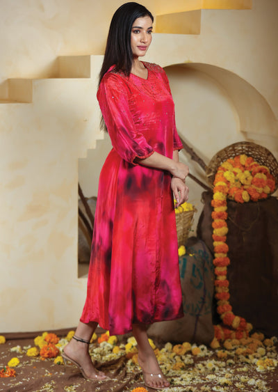 Red & Pink Crepe Kurti Frock Style