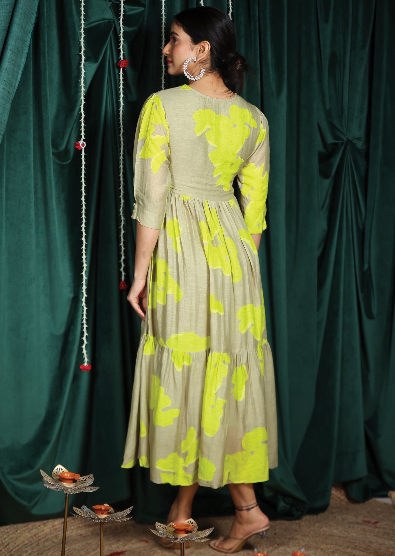 Grey & Neon Green Linen Silk Kurti Frock Style