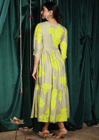 Grey & Neon Green Linen Silk Kurti Frock Style