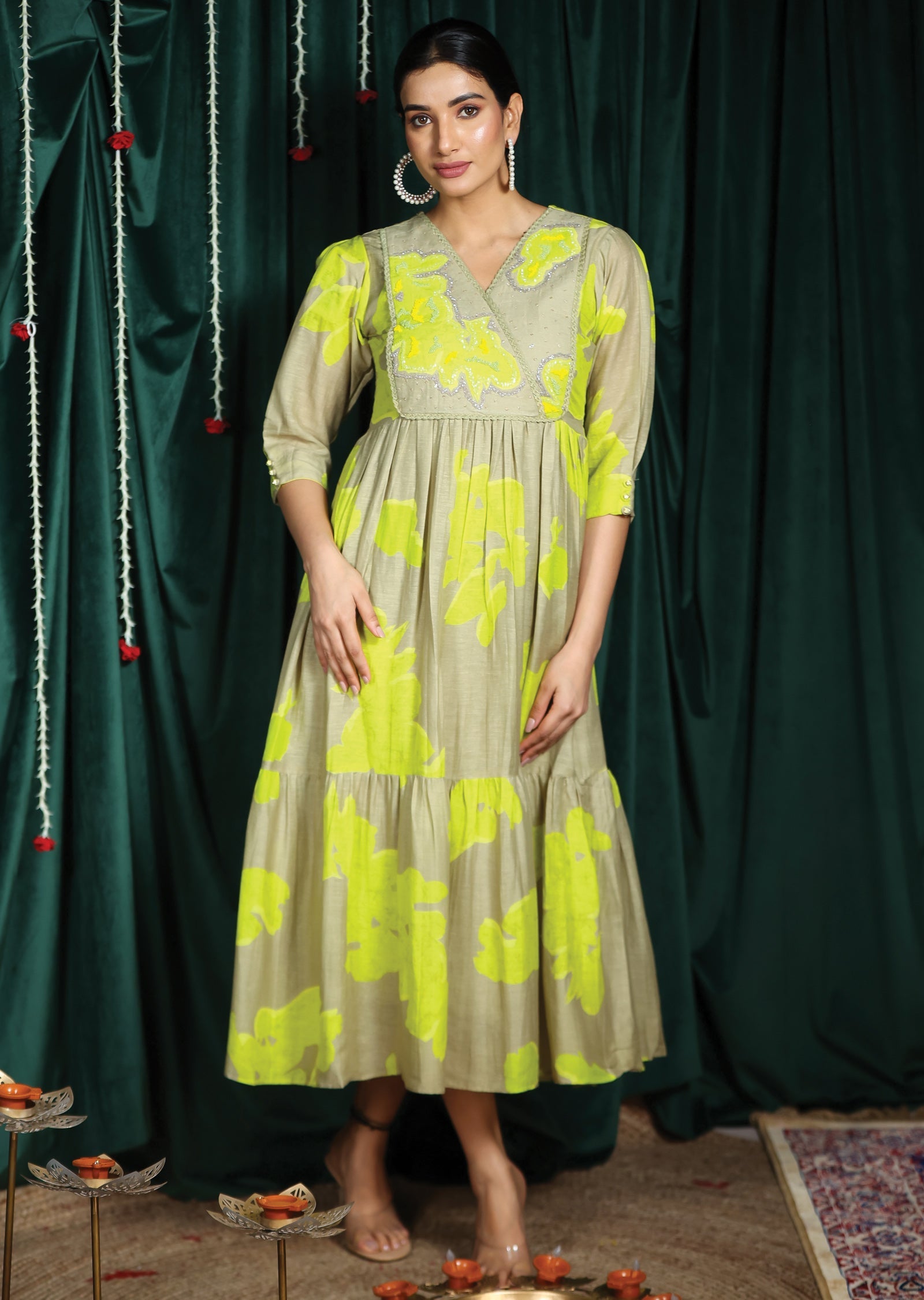 Grey & Neon Green Linen Silk Kurti Frock Style