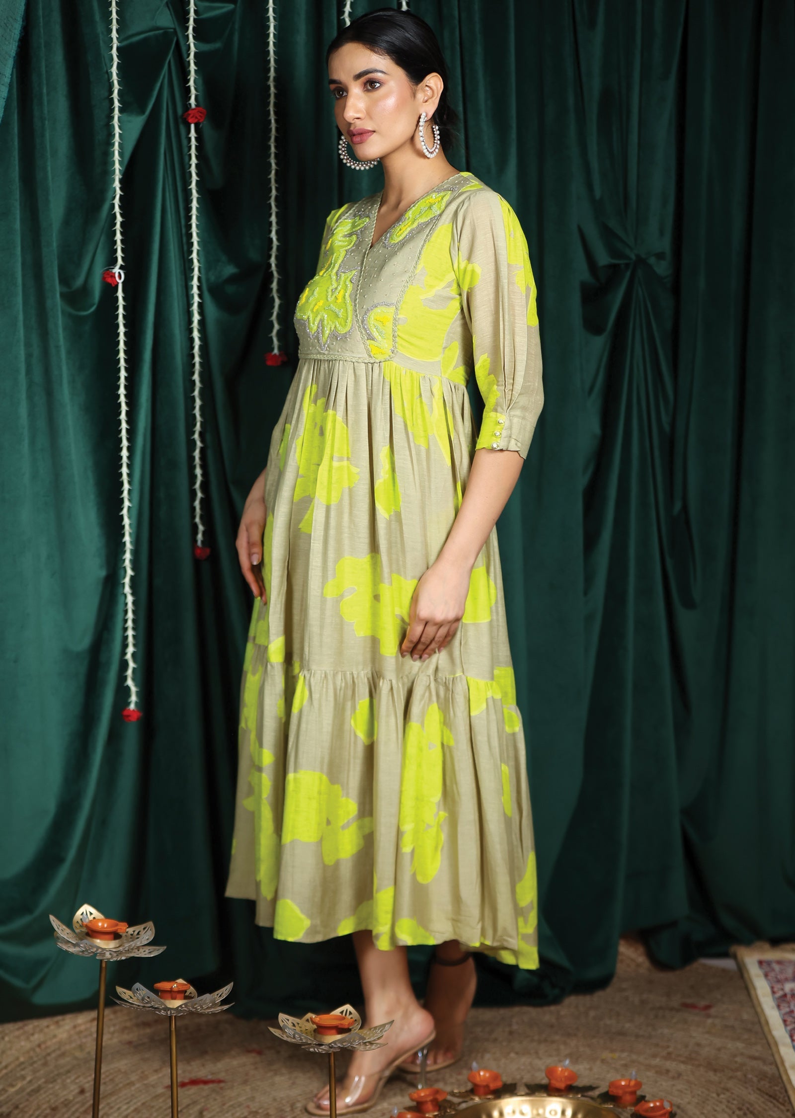 Grey & Neon Green Linen Silk Kurti Frock Style