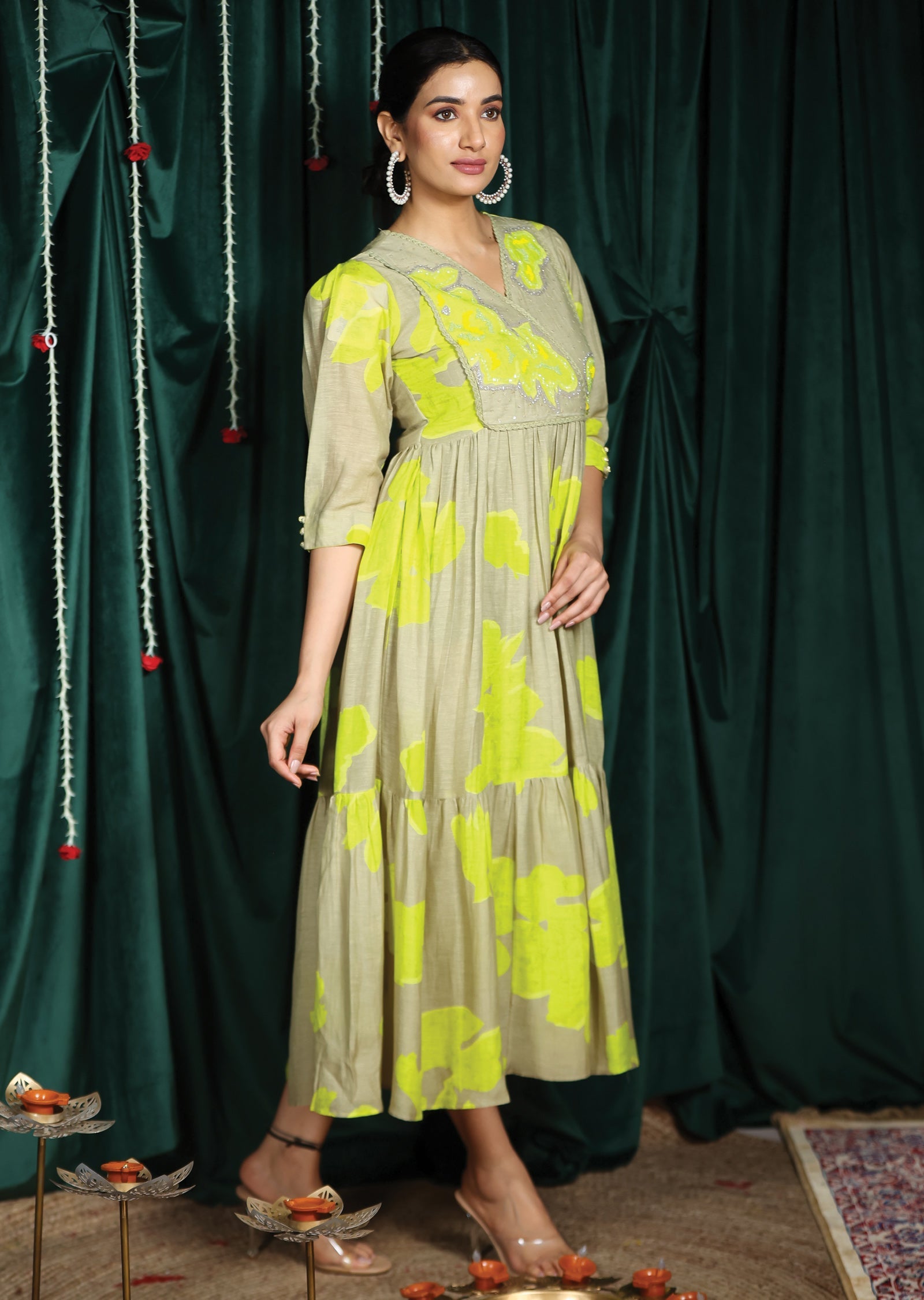 Grey & Neon Green Linen Silk Kurti Frock Style