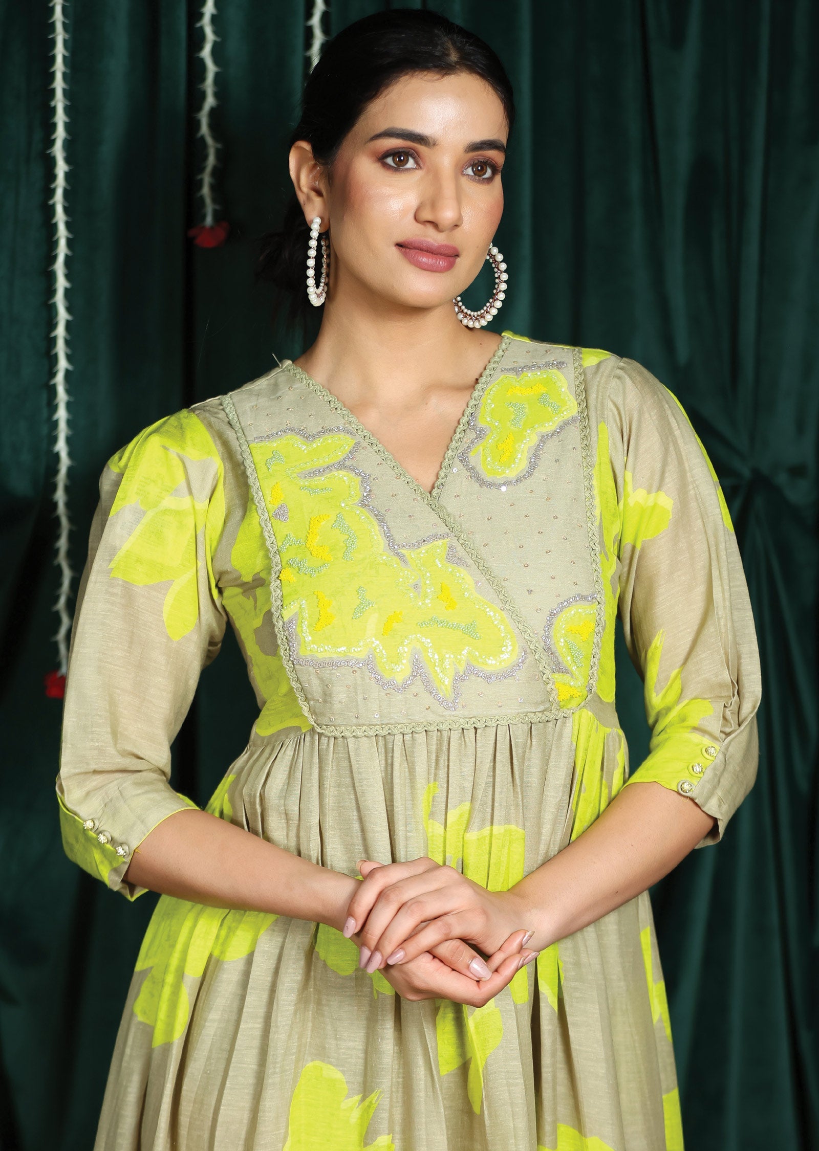 Grey & Neon Green Linen Silk Kurti Frock Style