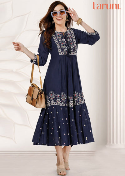 Navy Blue Linen Georgette Kurti Frock Style