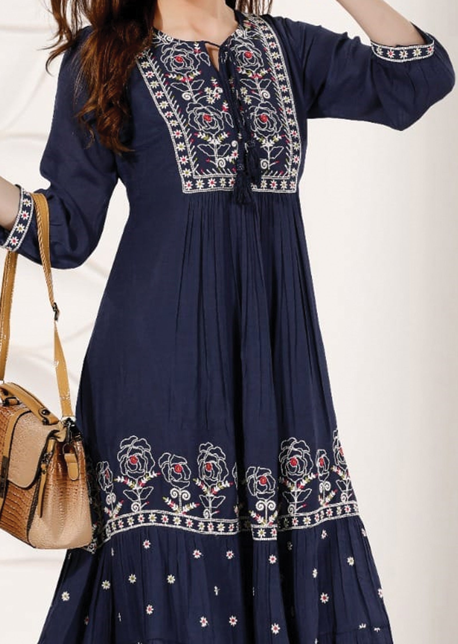 Navy Blue Linen Georgette Kurti Frock Style