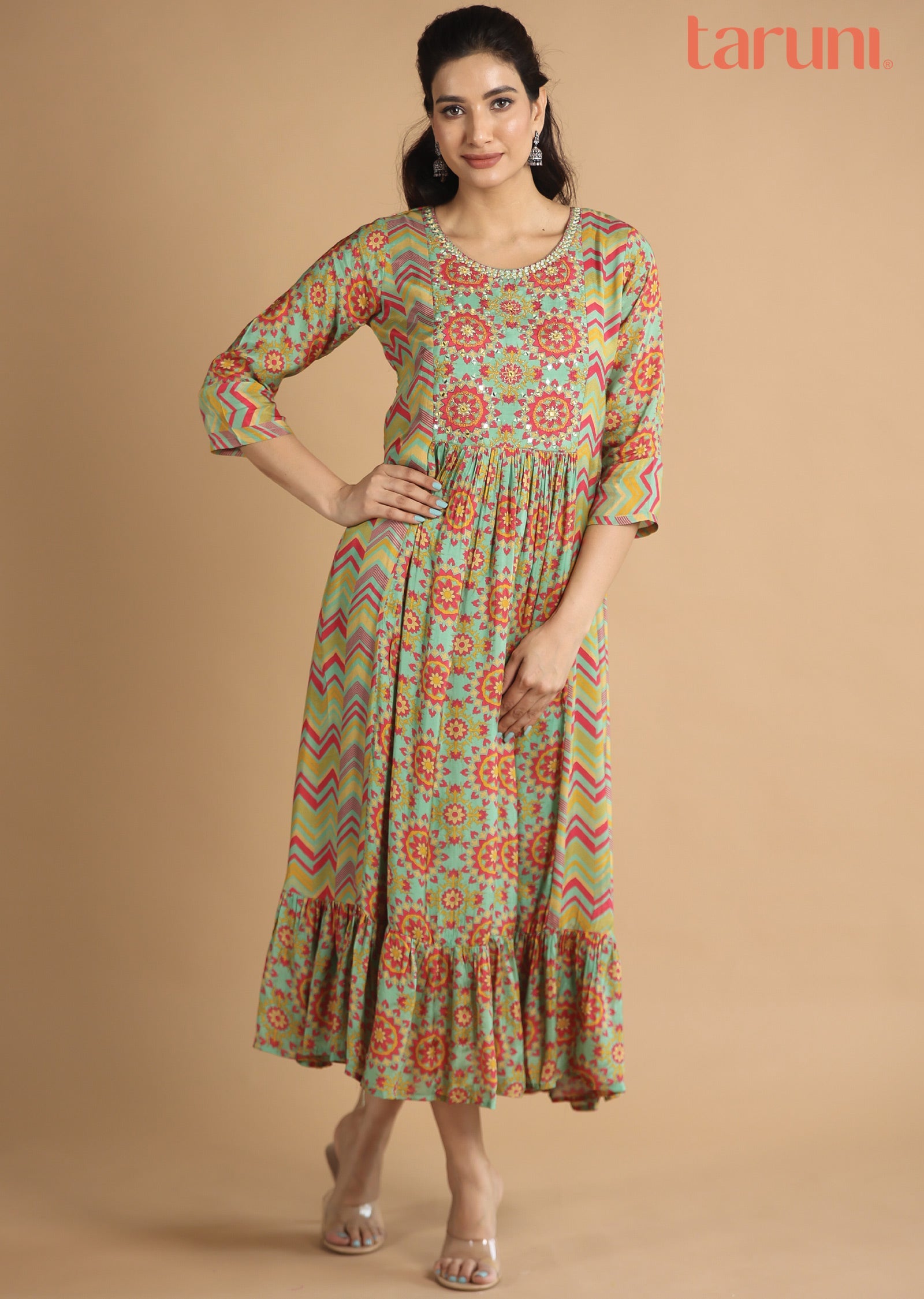 Green & Pink Muslin Kurti Frock Style