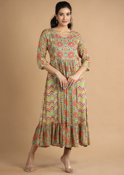 Green & Pink Muslin Kurti Frock Style