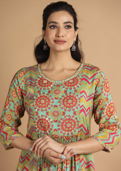 Green & Pink Muslin Kurti Frock Style