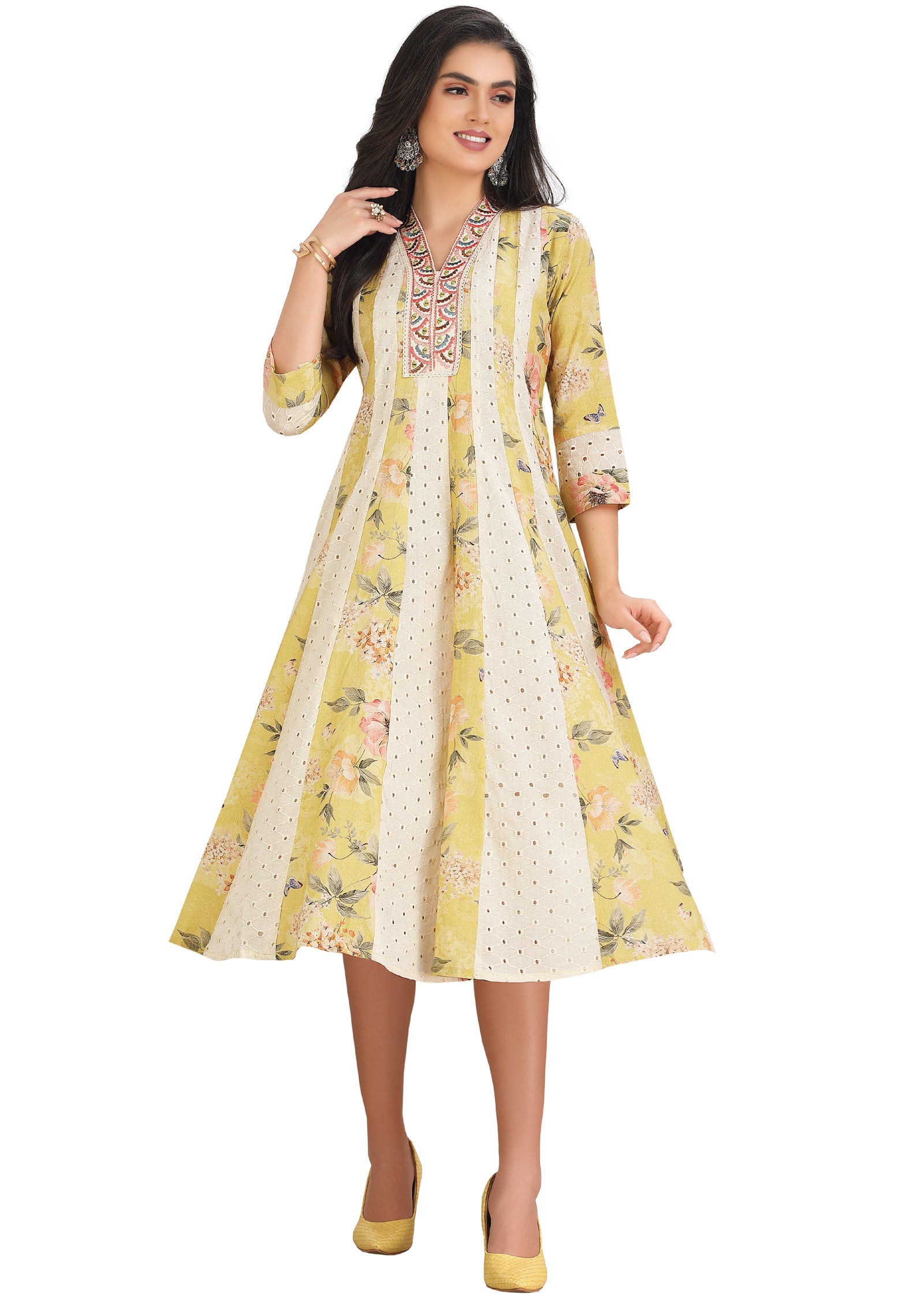 Yellow & Off White Cotton Kurti Frock Style