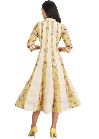 Yellow & Off White Cotton Kurti Frock Style